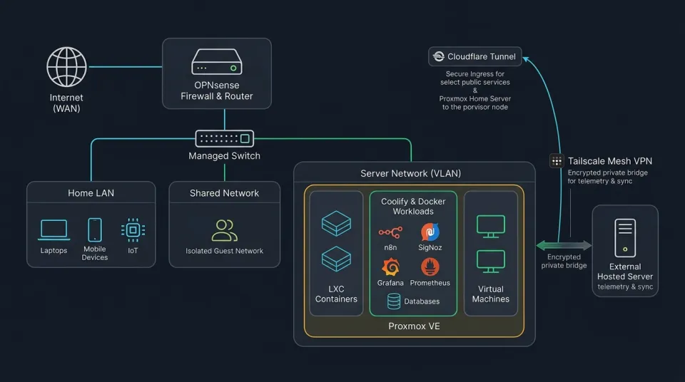 Home server network topology diagram showing OPNsense, managed switch, VLANs, Proxmox VE, Cloudflare Tunnel, and Tailscale mesh VPN
