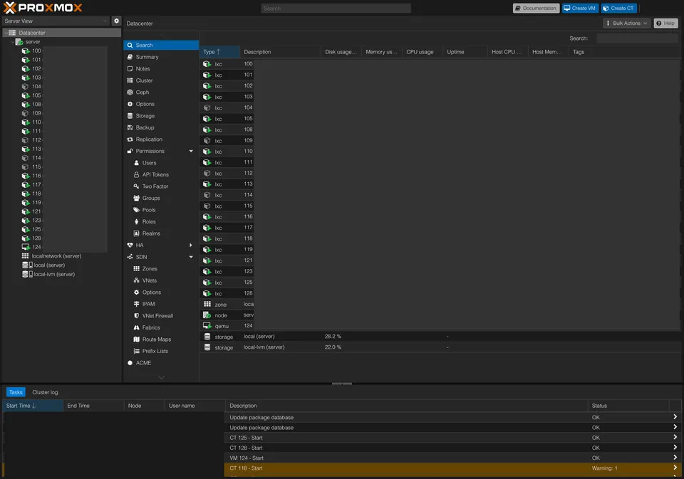 Proxmox VE dashboard showing active LXC containers, virtual machines, and resource allocations