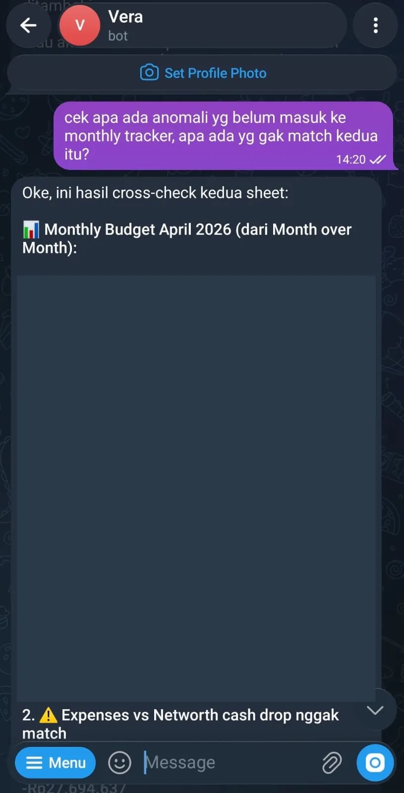 OpenClaw Telegram assistant performing financial anomaly checks and cross-sheet comparisons